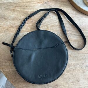 Black Vegan Leather Circle Crossbody with Silver Tone Hardware and Braided Strap